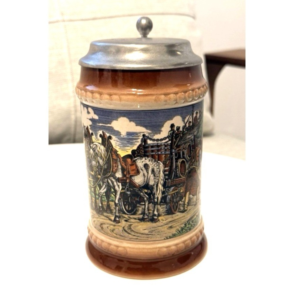 Vintage Gerz W German Stein w Screened Horse Drawn Beer Wagon & Pewter Lid - Picture 2 of 10